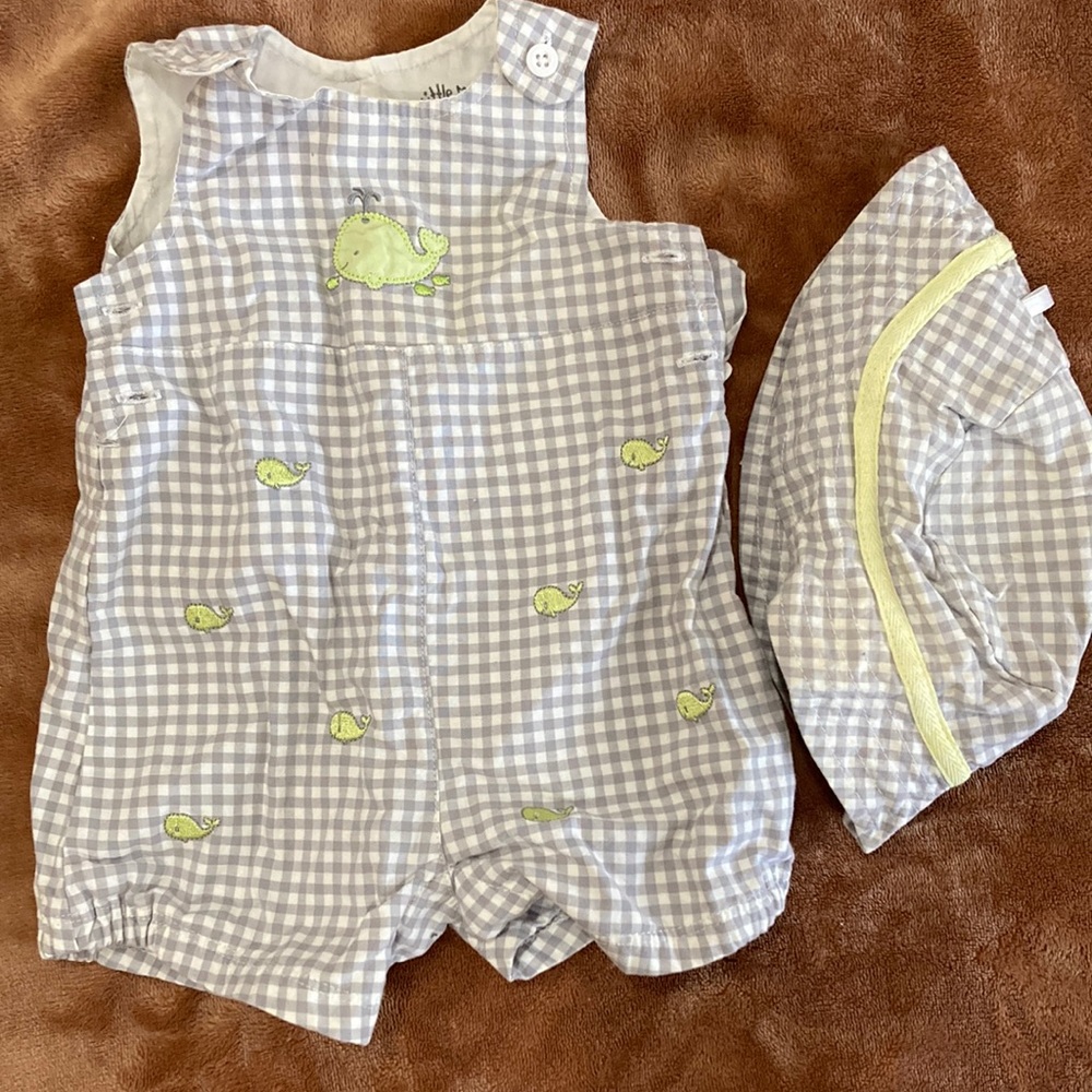 2 piece Little Me romper with matching bucket hat baby size 3 M